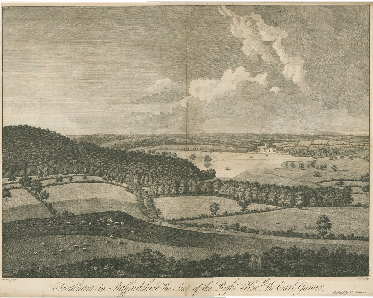 Trentham Hall: gravyr, nd [c 1751] av John Harris