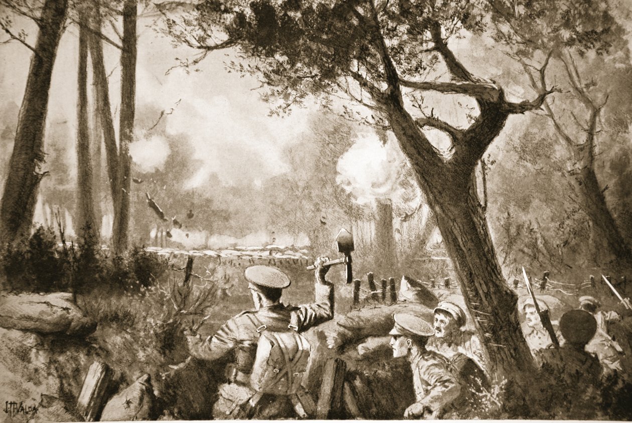 Acting-Lance-Corporal Barker hjälper en grupp som han samlat ihop för att öppna en kommunikationsgrav under kraftig granat- och kulspruteeld. av John Harris Valda