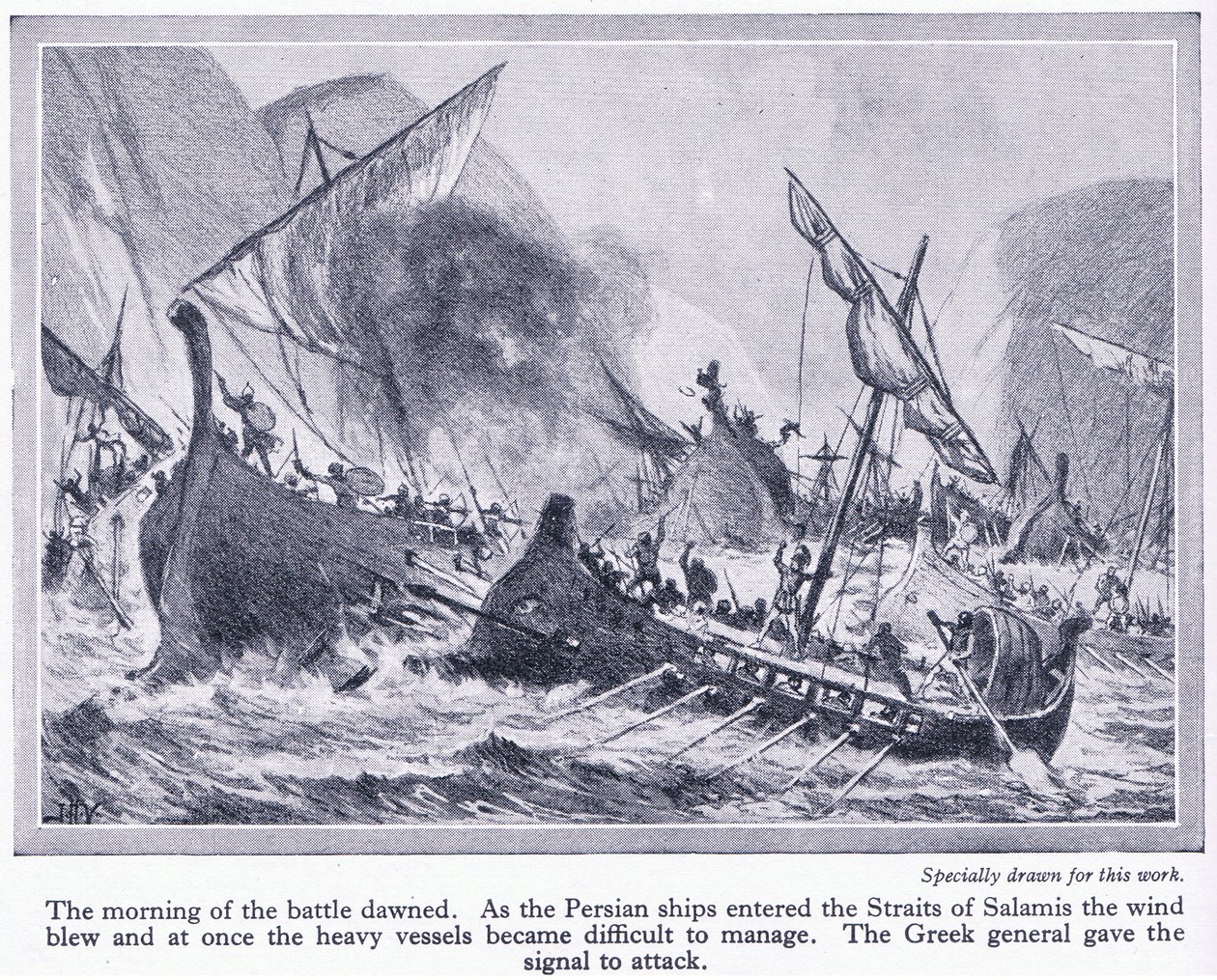 Slaget vid Salamis: När de persiska skeppen gick in i Salamis sund blåste vinden och de blev svåra att hantera, ca 1950 av John Harris Valda