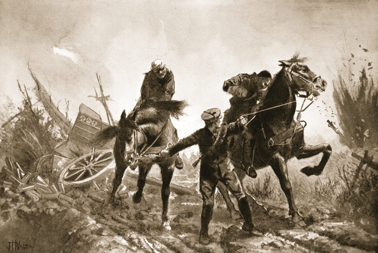 Förare Brown återvänder med skadade till häst från eldlinjen. av John Harris Valda