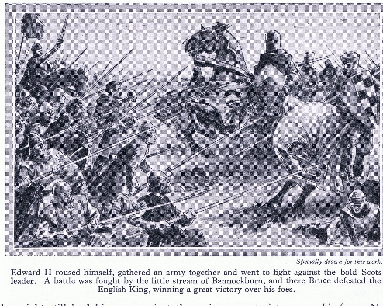 Edward II samlade en armé och utkämpade ett slag vid Bannockburn 1314 e.Kr. där Bruce besegrade engelsmännen, ca 1950. av John Harris Valda
