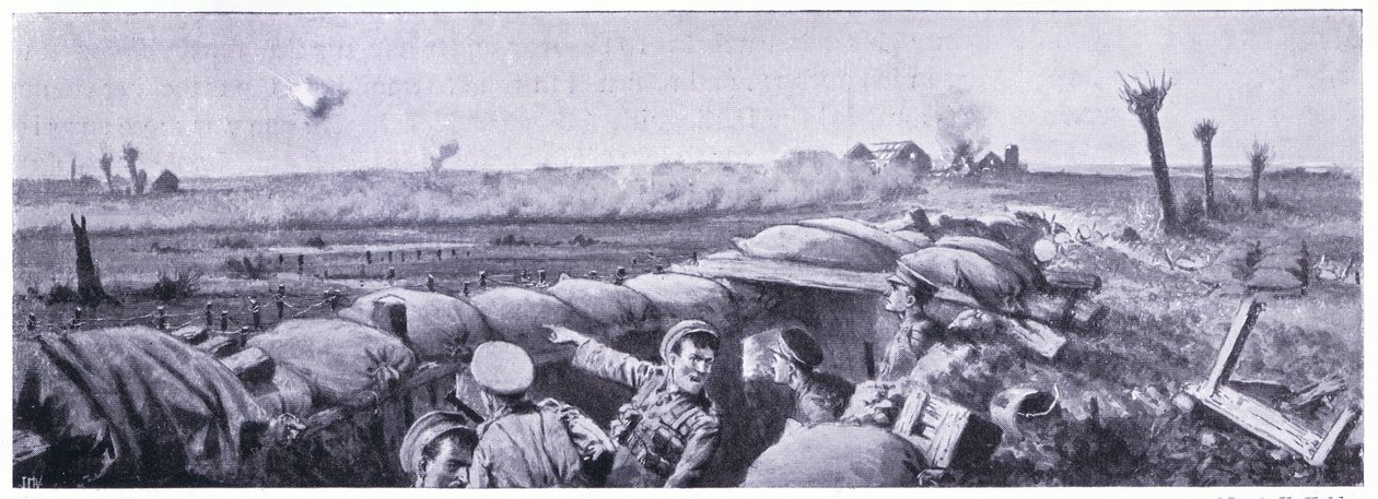 Gasattack på skyttegravarna i 2nd Lancashire Fusiliers där menig Lyn miste livet men vann VC. Ypres april 1915 av John Harris Valda