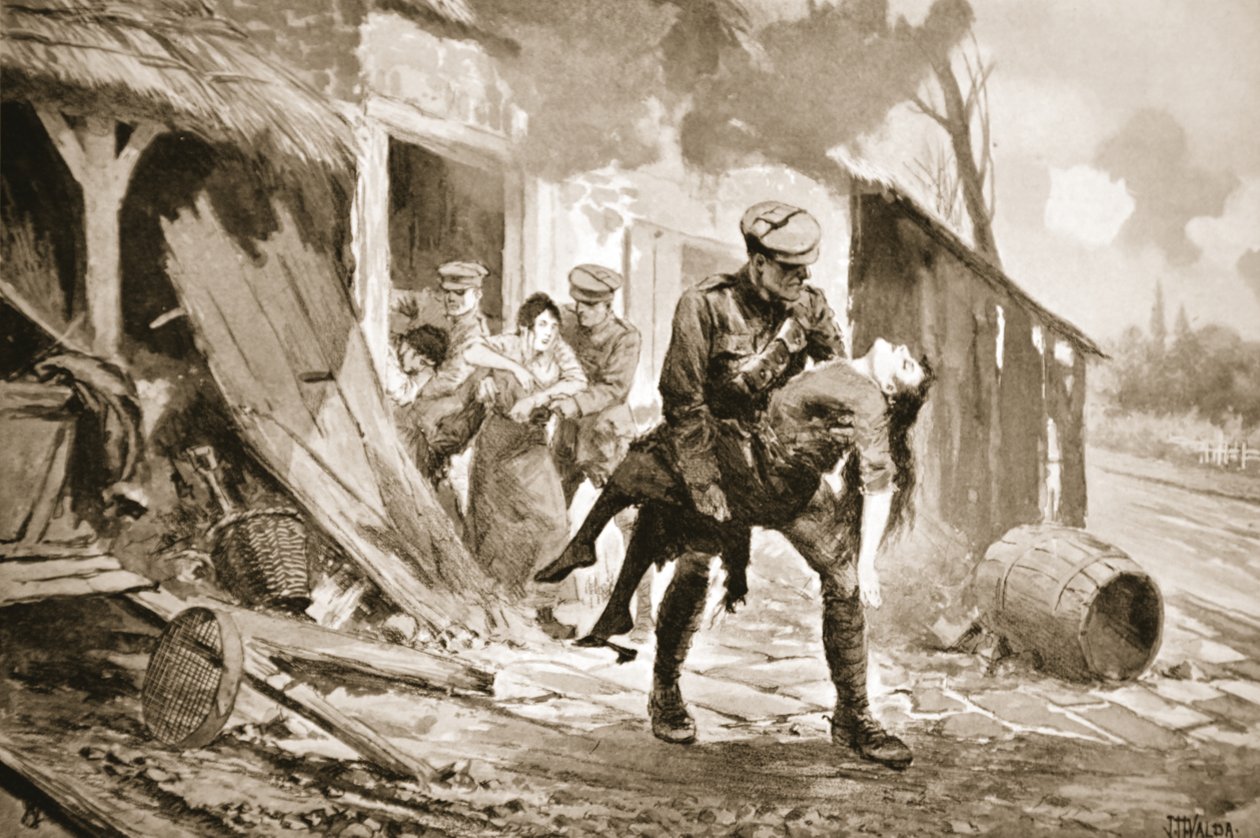 Gunner Rafferty bär en skadad kvinna i säkerhet från en bondgård som höll på att beskjutas (litho) av John Harris Valda