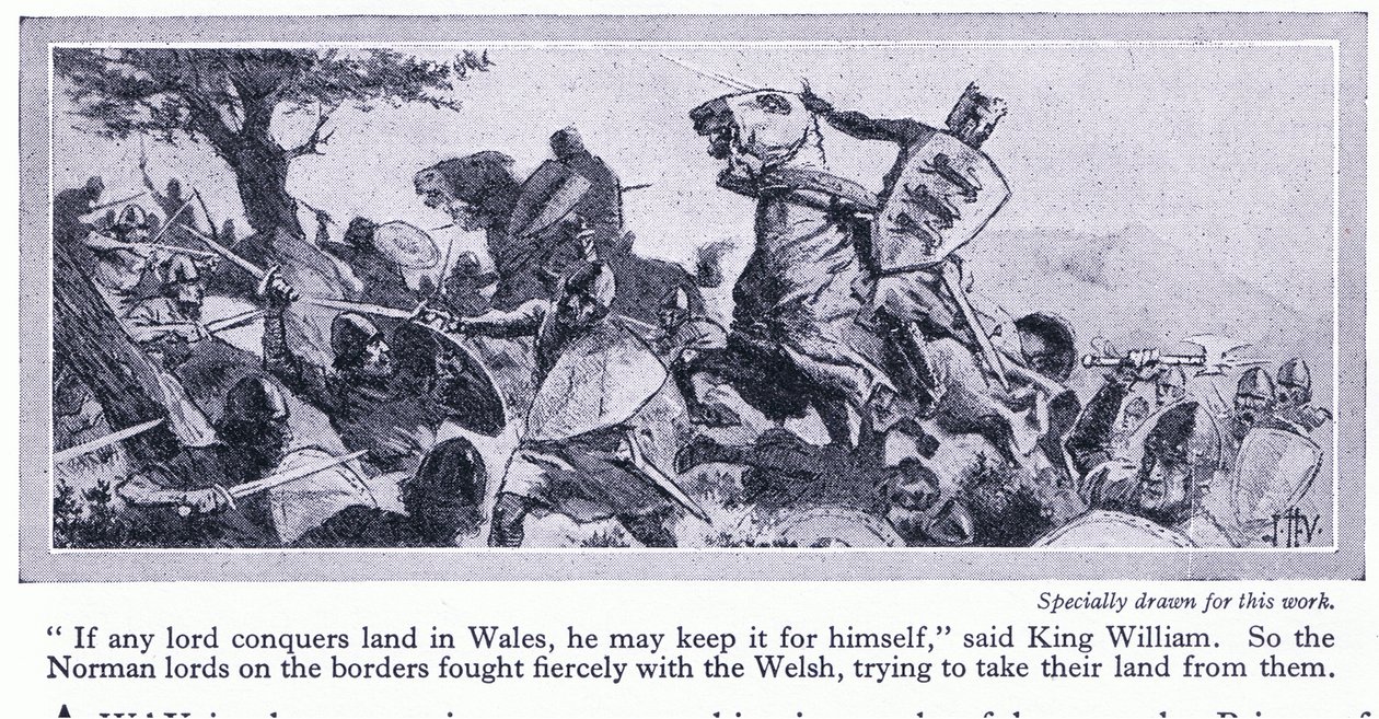 Om några herrar erövrar land i Wales, får han behålla det för sig själv, sade kung William, ca 1950 av John Harris Valda