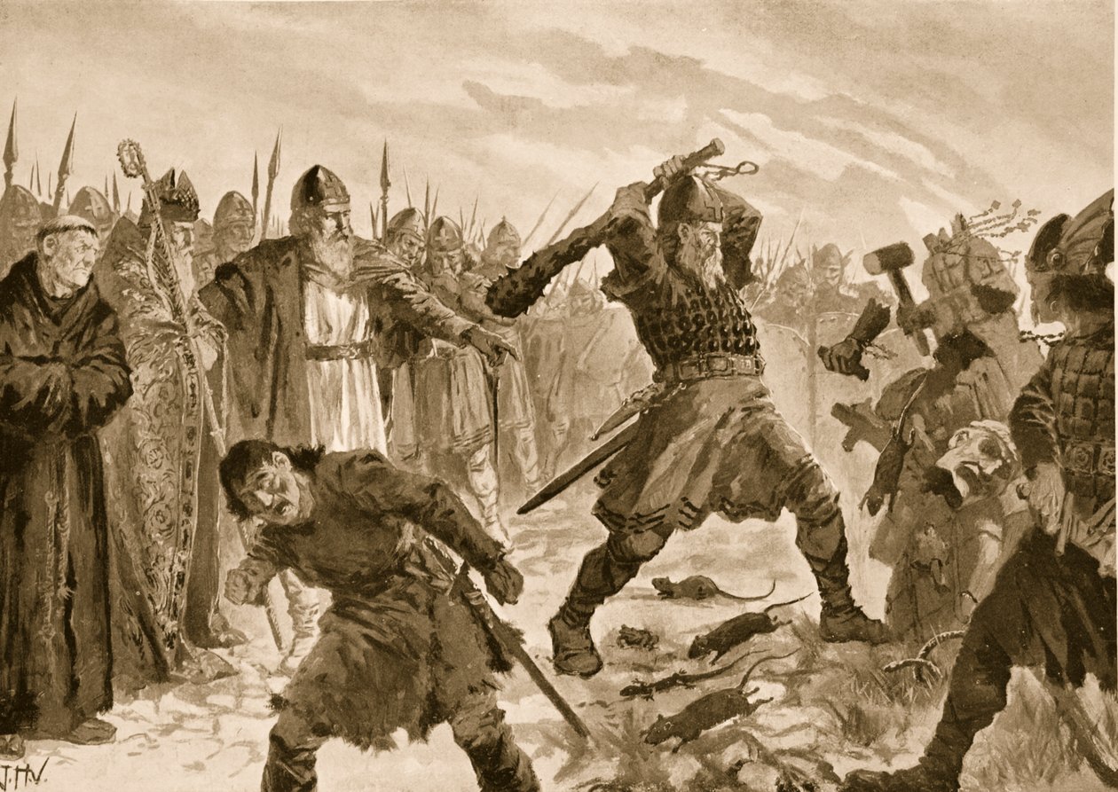 Kung Olaf den helige bryter bilden av guden Thor, 1020 av John Harris Valda