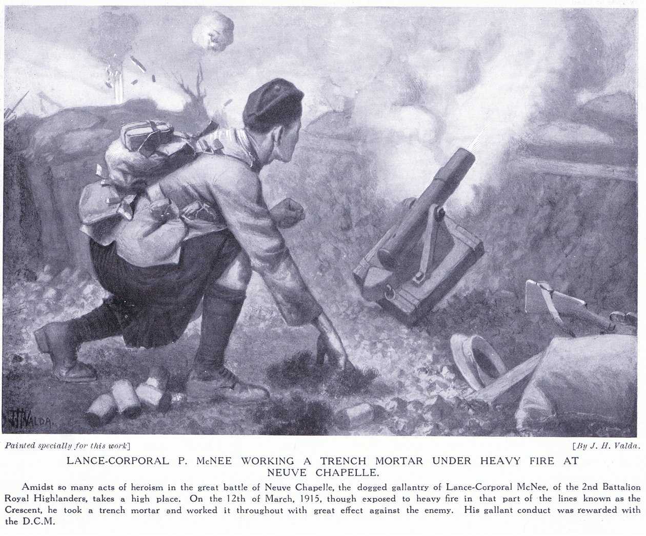 Lance Corporal P McNee arbetar med en skyttegravsgranat under kraftig eldgivning vid Neuve Chapelle. av John Harris Valda