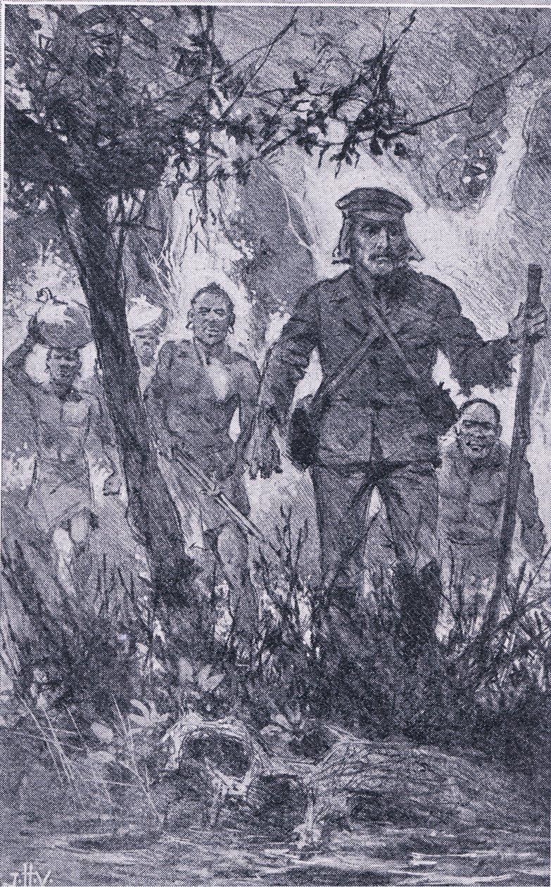 Livingstone sköt mot lejonet, men lejonet attackerade honom och bet hans axel och bröt hans vänstra arm, Newnes Pictorial Knowledge publicerad av Newnes, c.1950-talet (litho) av John Harris Valda