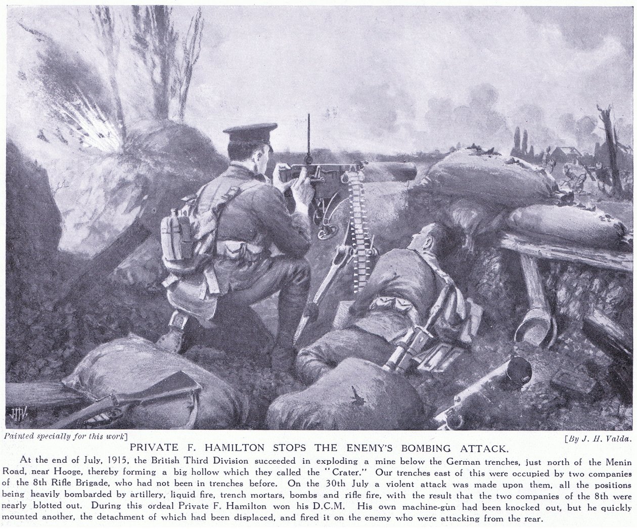 Menige F Hamilton tilldelades DCM för att ha stoppat fiendens bombattack i juli 1915 vid Hooge. av John Harris Valda
