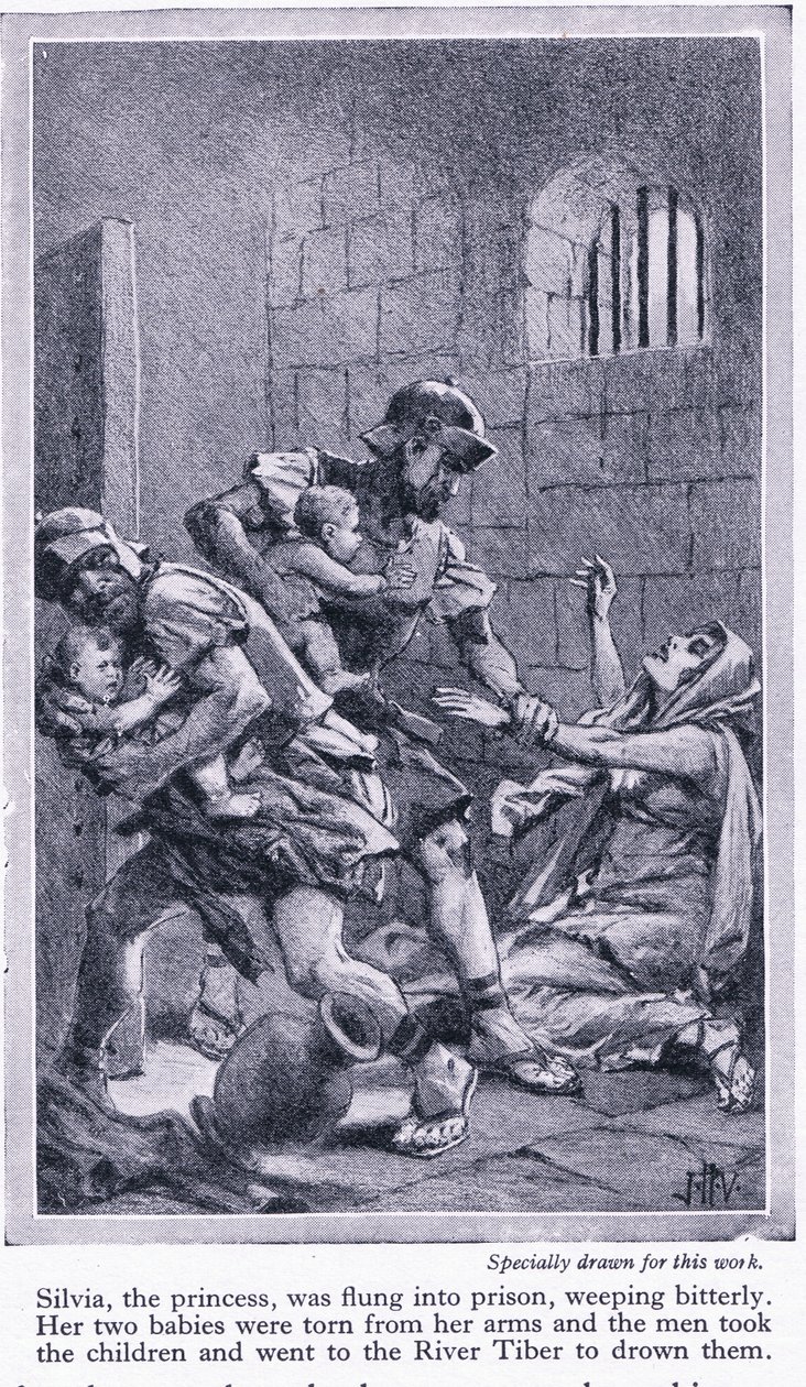 Romulus och Remus rycktes ur sin mor Silvias armar och fördes till Tibern för att drunkna, ca 1950 av John Harris Valda