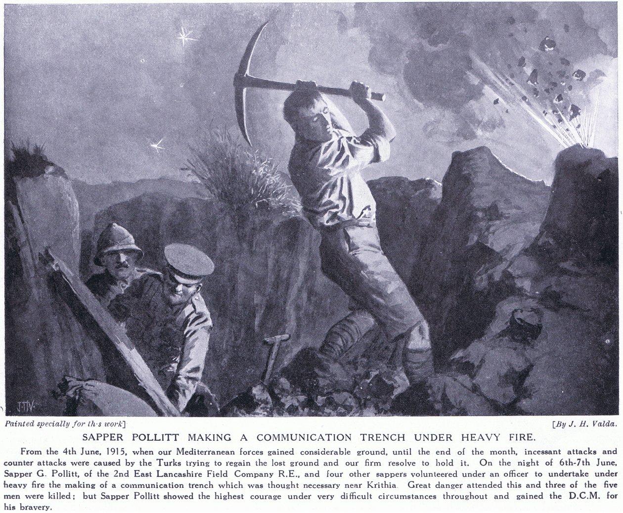 Sapper Pollitt gjorde ett kommunikationsdike under kraftig eld på Gallipolihalvön juni 1915 av John Harris Valda