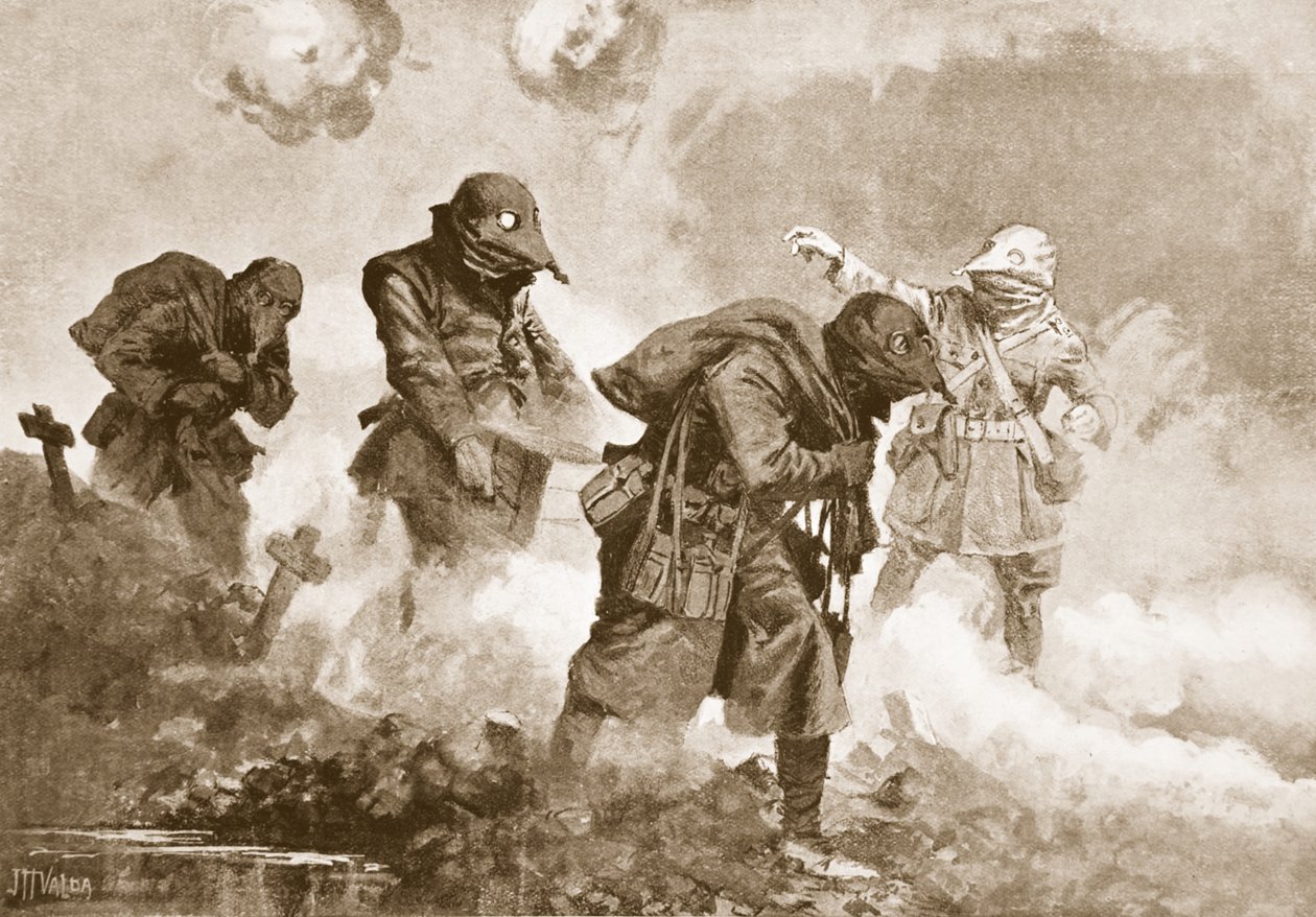 Sekundlöjtnant (tillfällig kapten) E.M. Allfrey leder leveransen av ammunition, ransoner och vatten till trupper i aktion under en gasattack av John Harris Valda