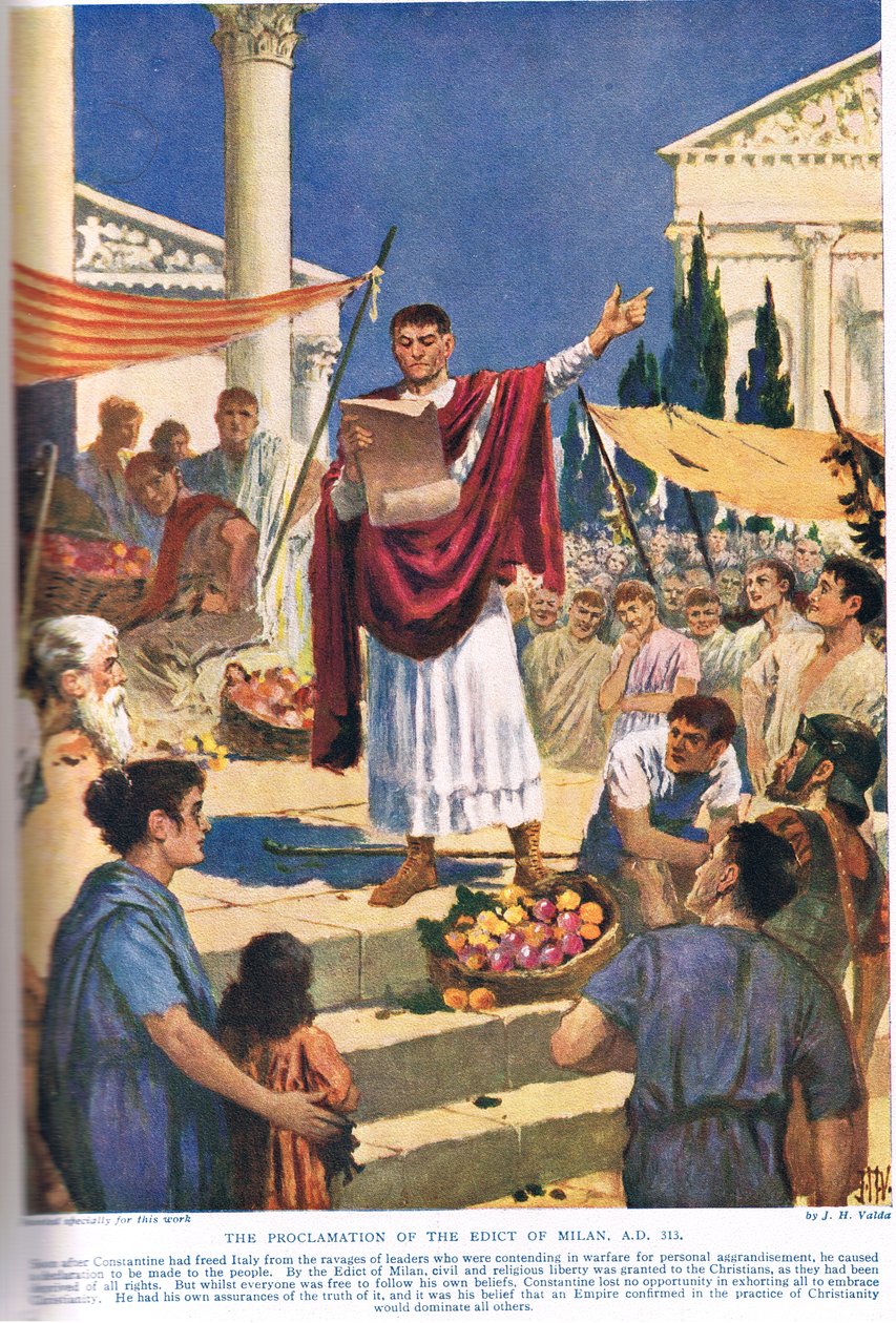 Tillkännagivandet av Ediktet i Milano, 313 e.Kr., illustration från 