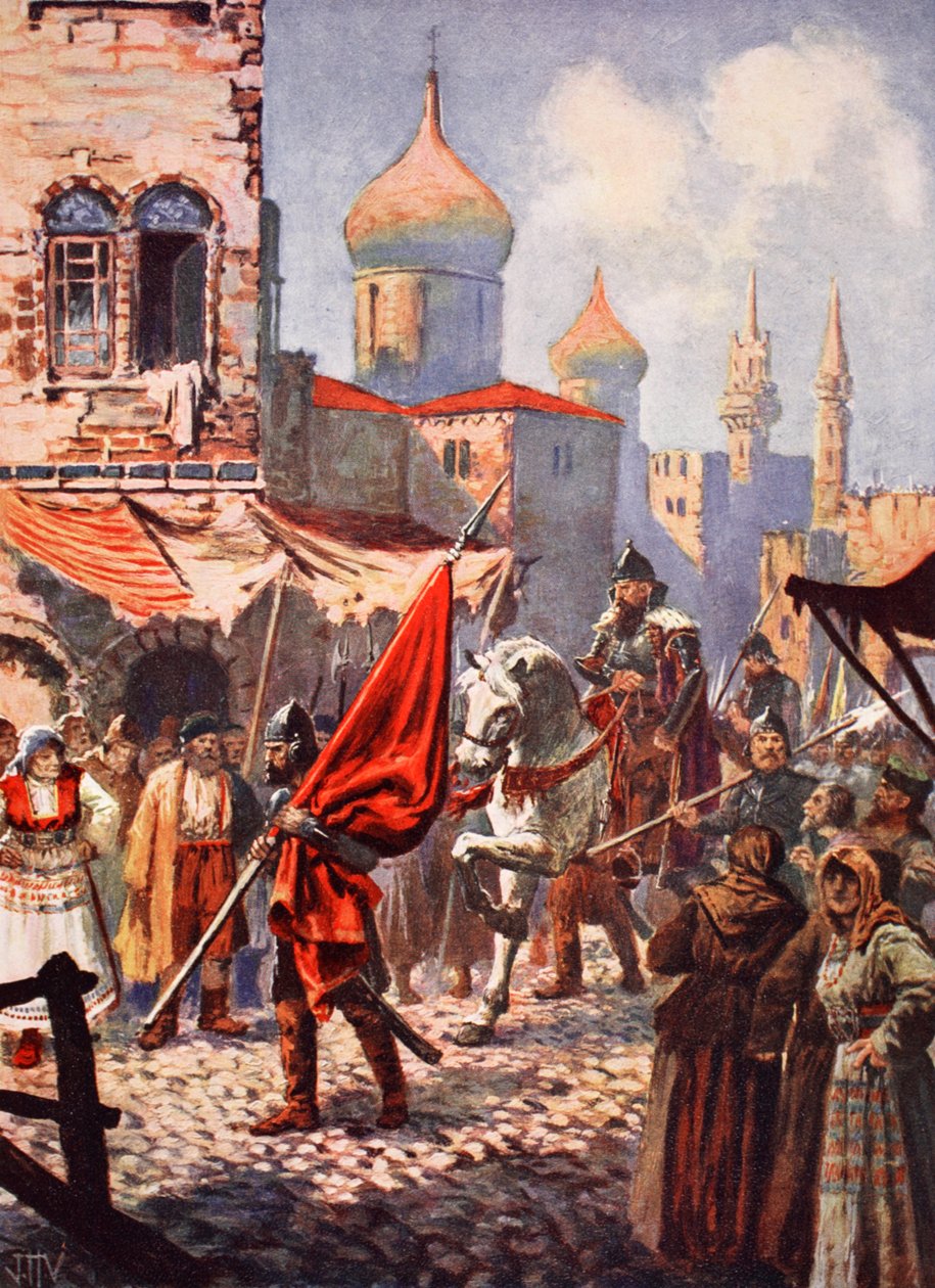Ivan den förskräckliges återkomst till Moskva efter erövringen av Kazan (färg litho) av John Harris Valda