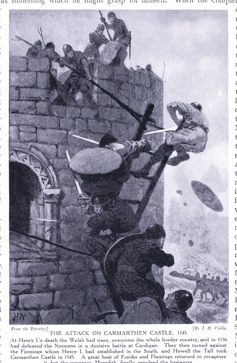 Attacken på Carmarthen Castle AD1136, 1920-talet av John Harris Valda