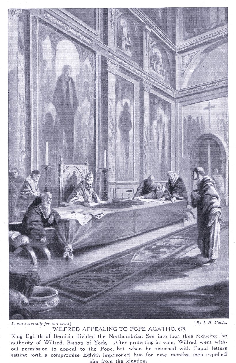 Wilfred vädjade till påven Agatho AD679, 1920-talet av John Harris Valda