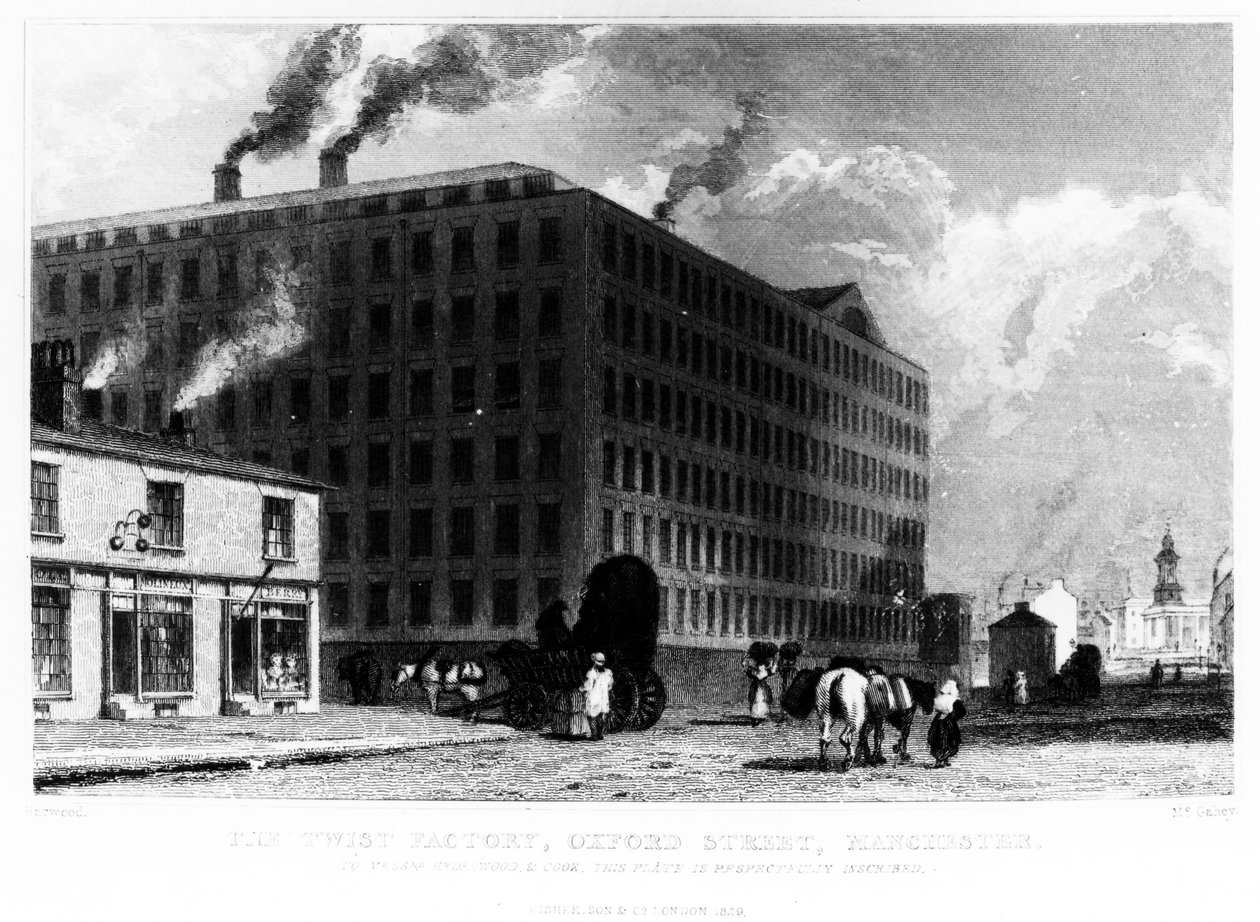 The Twist Factory, Oxford Street, Manchester, graverad av John McGahey, 1829 av John Harwood