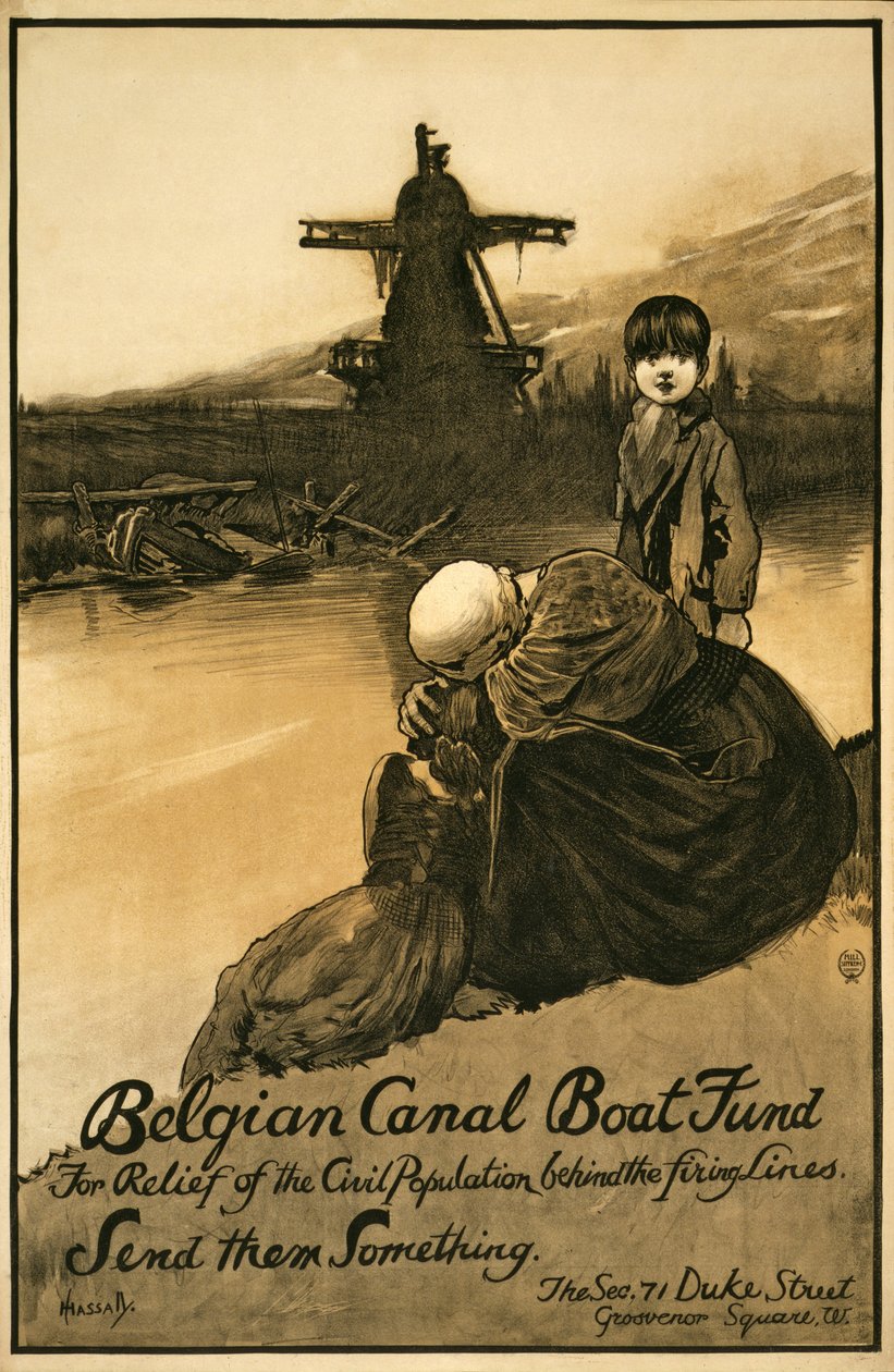 Insamlingskampanj för Belgian Canal Boat Fund, pub. 1914-18 (lito i färg) av John Hassall