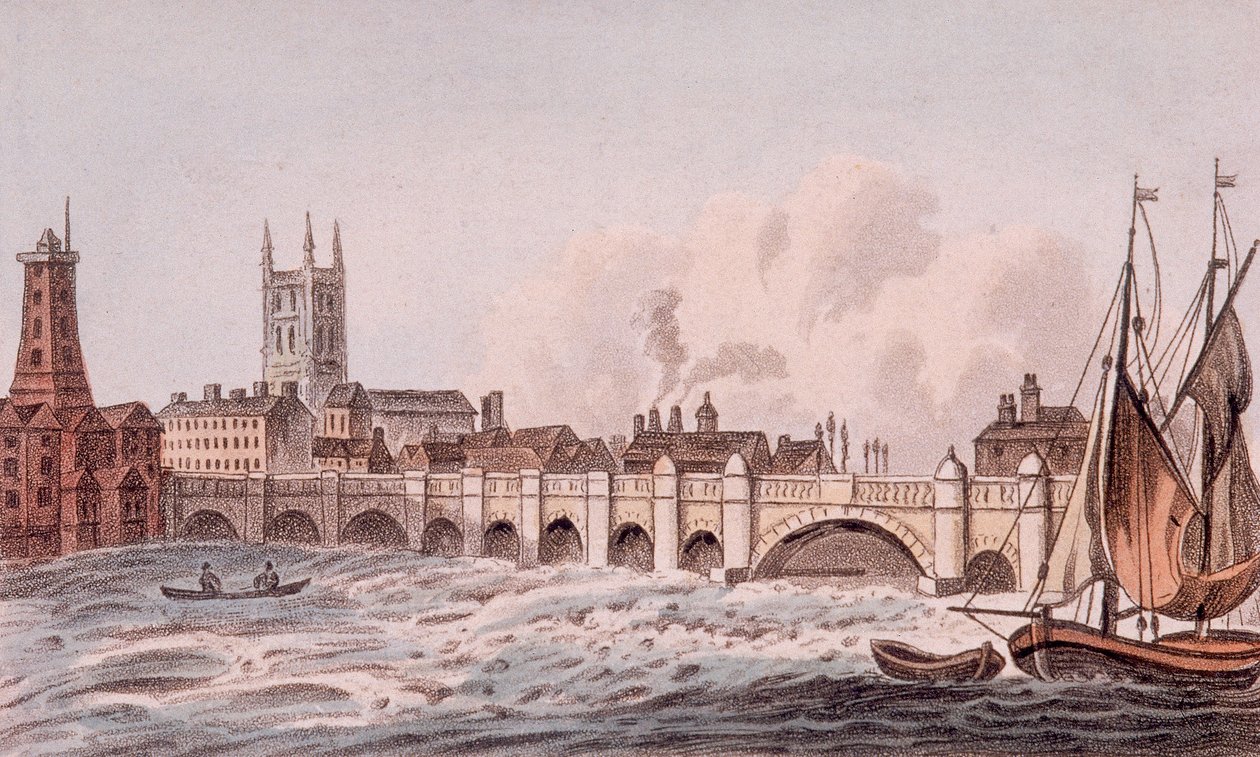 London Bridge gamla, London, 1823 av John Hassall