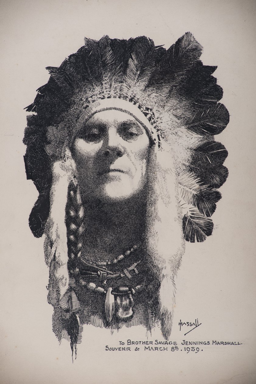 Självporträtt med indiansk huvudbonad, 8 mars 1939 (penna  bläck på kartong) av John Hassall