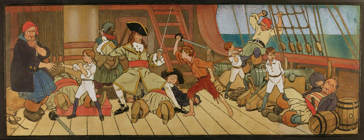 The Lost Boys in Combat with the Pirates and Peter i den sista duellen med Captain Hook, illustration från 