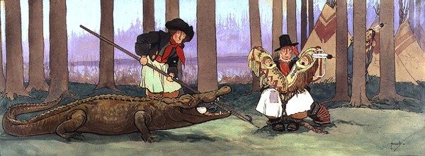 Piraten, Gentleman Starky, har fångats av Redskins och är bedrövad. Smee Sings a Verse of the Pirate Song till kapten Hook som nu är Inside the Crocodile, ca 1906 av John Hassall