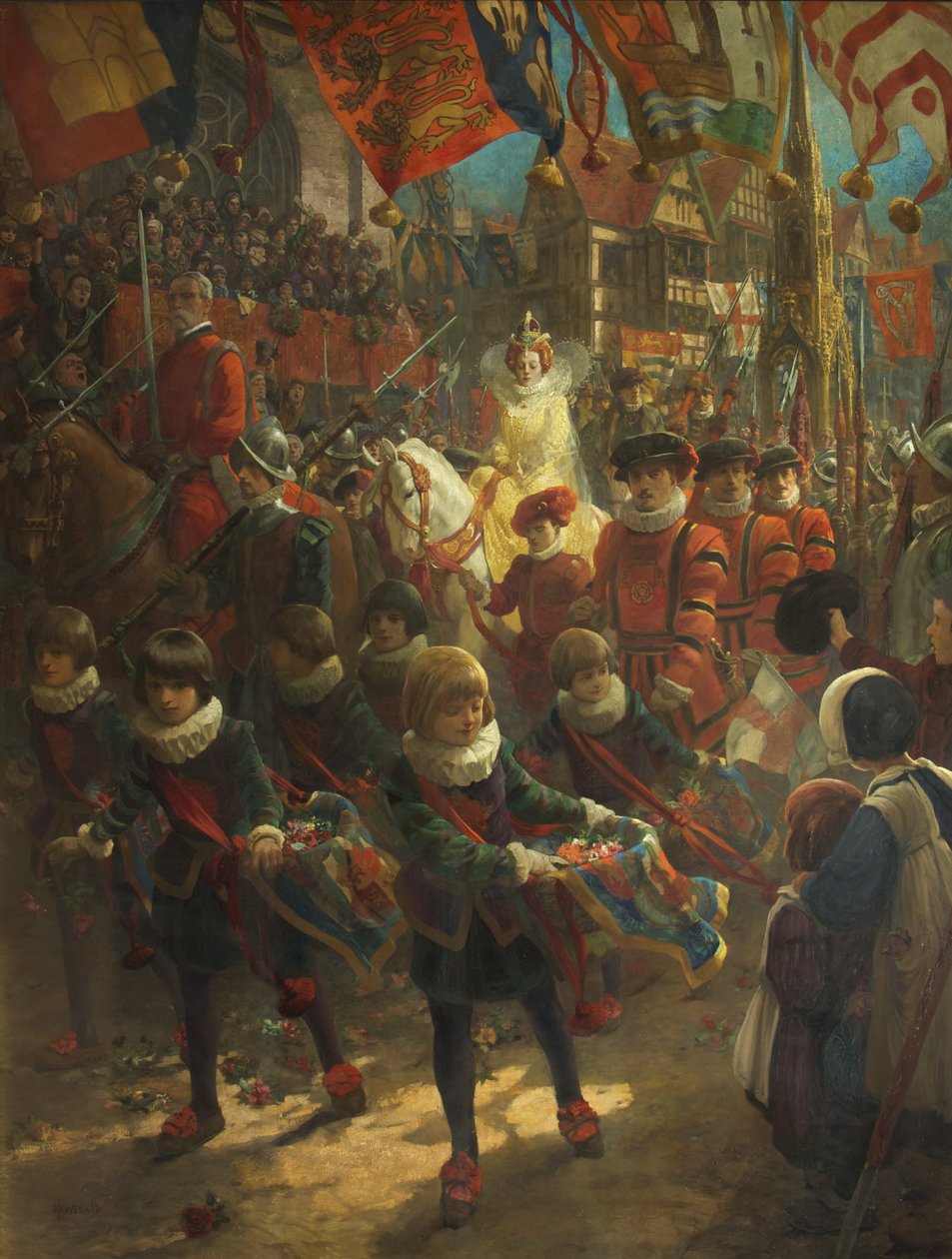 Drottning Elizabeths statliga inträde i Bristol den 14 augusti 1574 av John Hassall