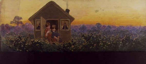 Trädtopparna vid solnedgången ett år senare: Peter i det lilla huset med Wendy på sitt årliga vårstädningsbesök, illustration till 