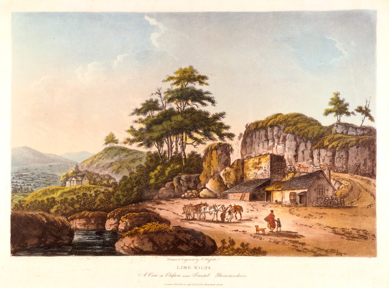 Limeugnar. En utsikt över Clifton nära Bristol, Gloucestershire, 1798. av John Hassell