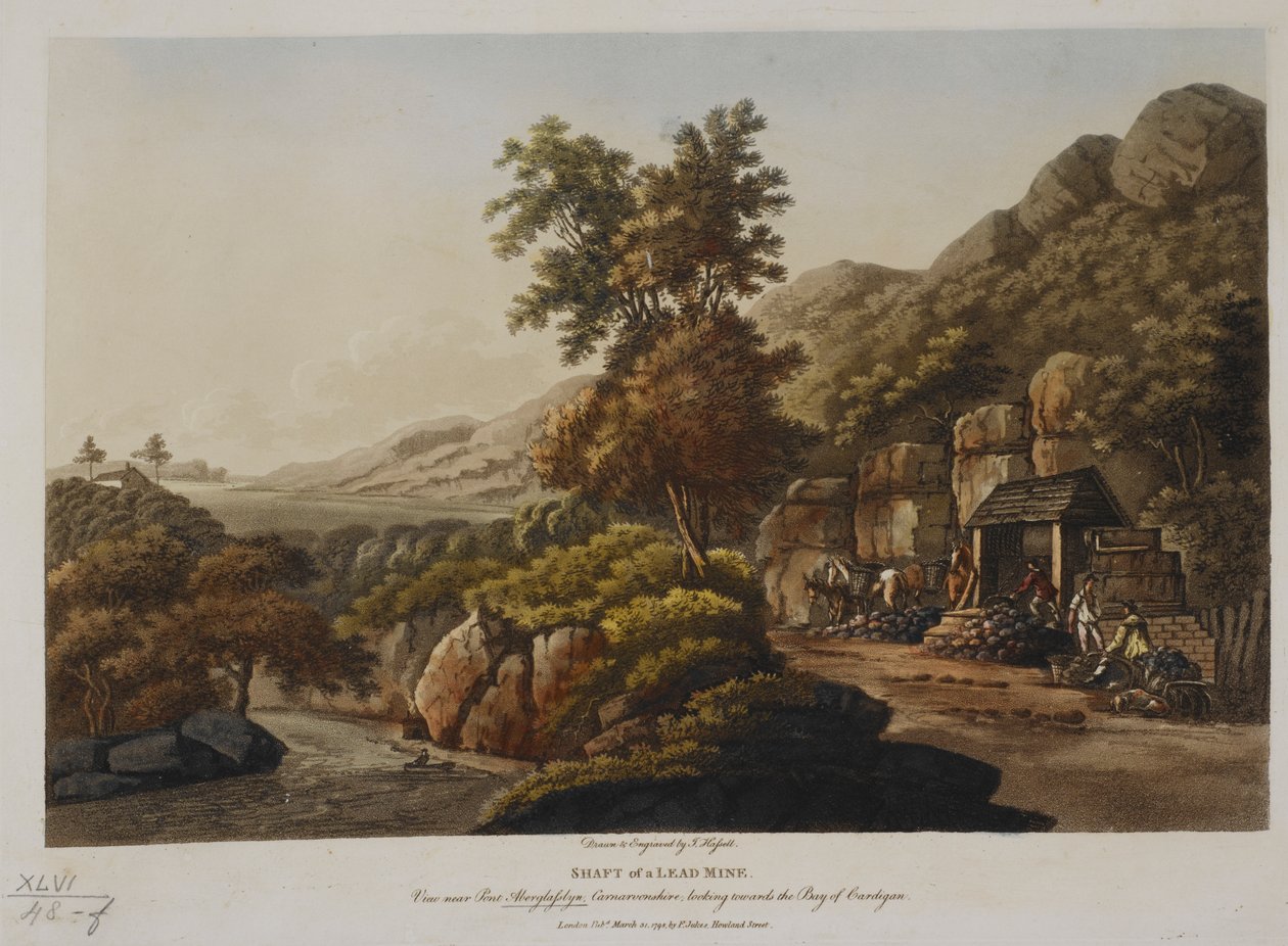Schakt av en blygruva. Utsikt nära Pont Aberglaslyn, Carnarvonshire, med utsikt mot Bay of Cardigan, publicerad 1798 (färgad gravyr) av John Hassell