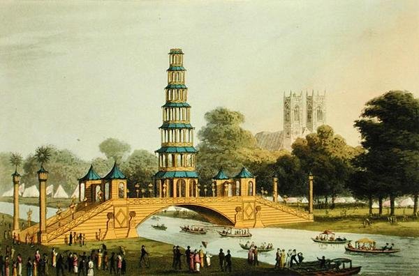 Den kinesiska bron och pagoden, uppförd i parken till minne av den härliga freden 1814, graverad av Matthew Dubourg (fl.1785-20) av John Heaviside (after) Clark