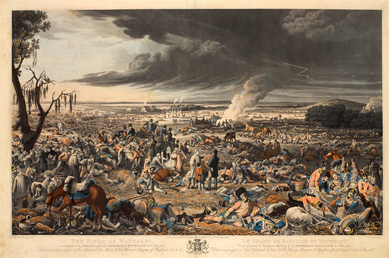 "The Field of Waterloo, som det såg ut morgonen efter det minnesvärda slaget den 18 juni 1815" (akvatint, färgad) av John Heaviside (after) Clark