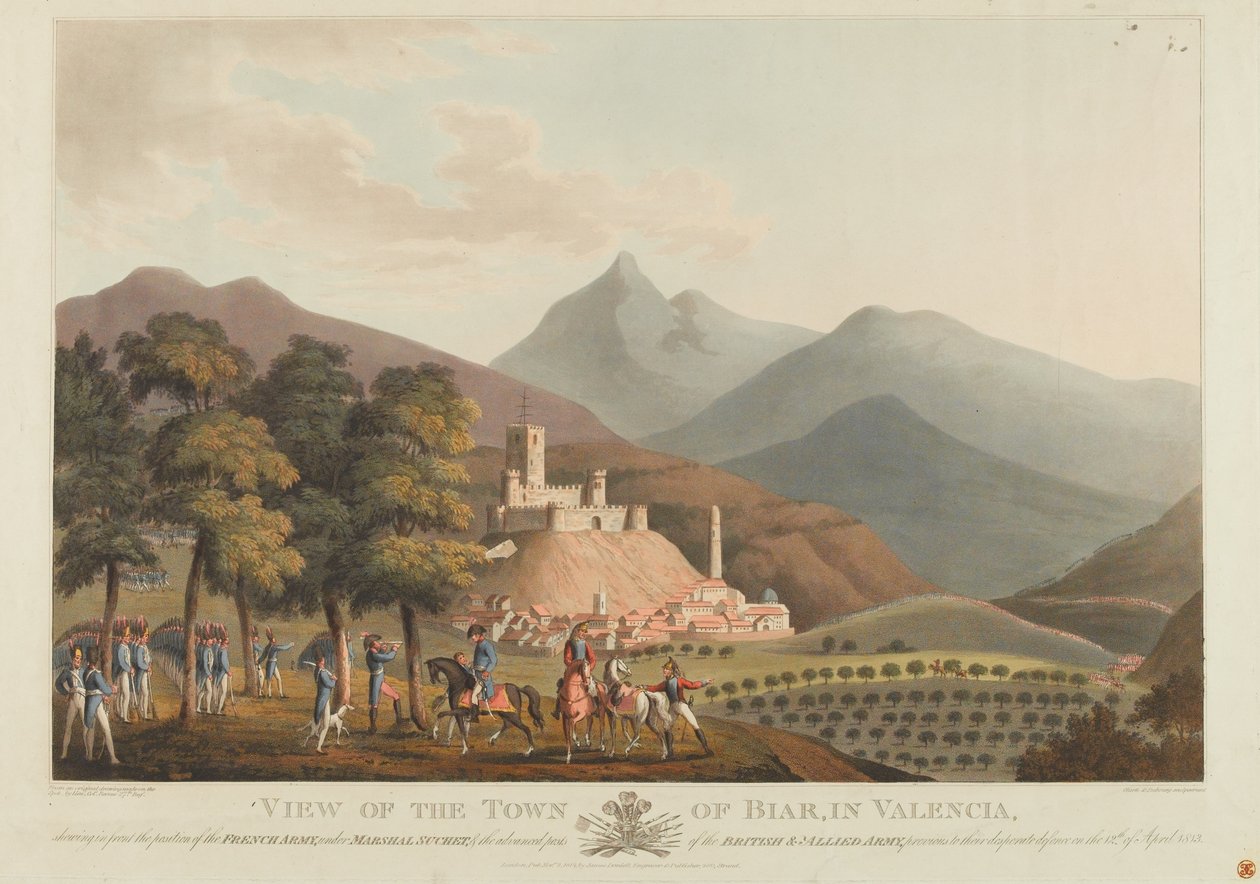 En vy över staden Briar, Valencia, graverad av Dubourg, 1814 (färgad akvatint) av John Heaviside Clark