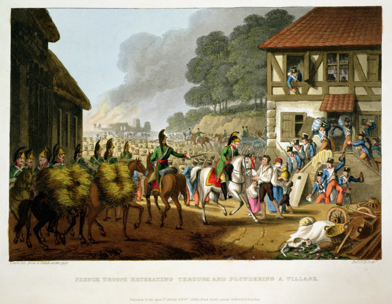 Franska trupper som drar sig tillbaka genom och plundrar en by, graverade av Matthew Dubourg (fl.1813-20) från "Historiska, militära och sjöanekdoter", pub. av Edward Orme (1774-c.1820) 1816 (akvatint) av John Heaviside Clark