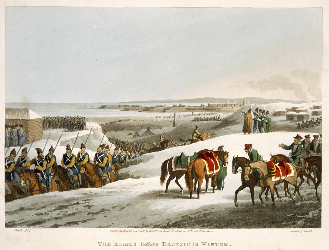 De allierade före Dantzic på vintern, graverad av Matthew Dubourg (fl.1813-20) från "Historic, Military and Naval Anecdotes", utgiven av Edward Orme (1774-c.1820) 1818 (akvatint) av John Heaviside Clark
