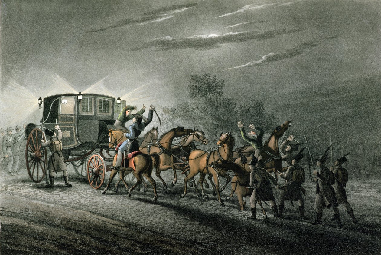 Fångsten av Bonapartes vagn, papper och skatt av major von Keller, Waterloo, 18 juni 1815, graverad av Matthew Dubourg (fl.1813-20) av John Heaviside Clark