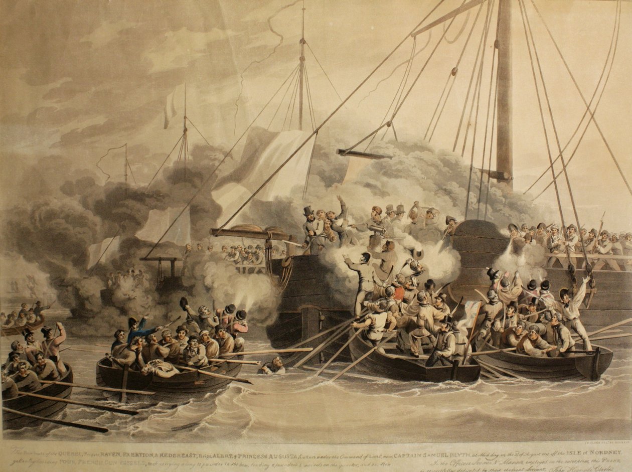 The Row Boats of the Quebec, Raven, Exertion and Redbreast, Alert and Princess Augusta, 1811 (akvatint) av John Heaviside Clark