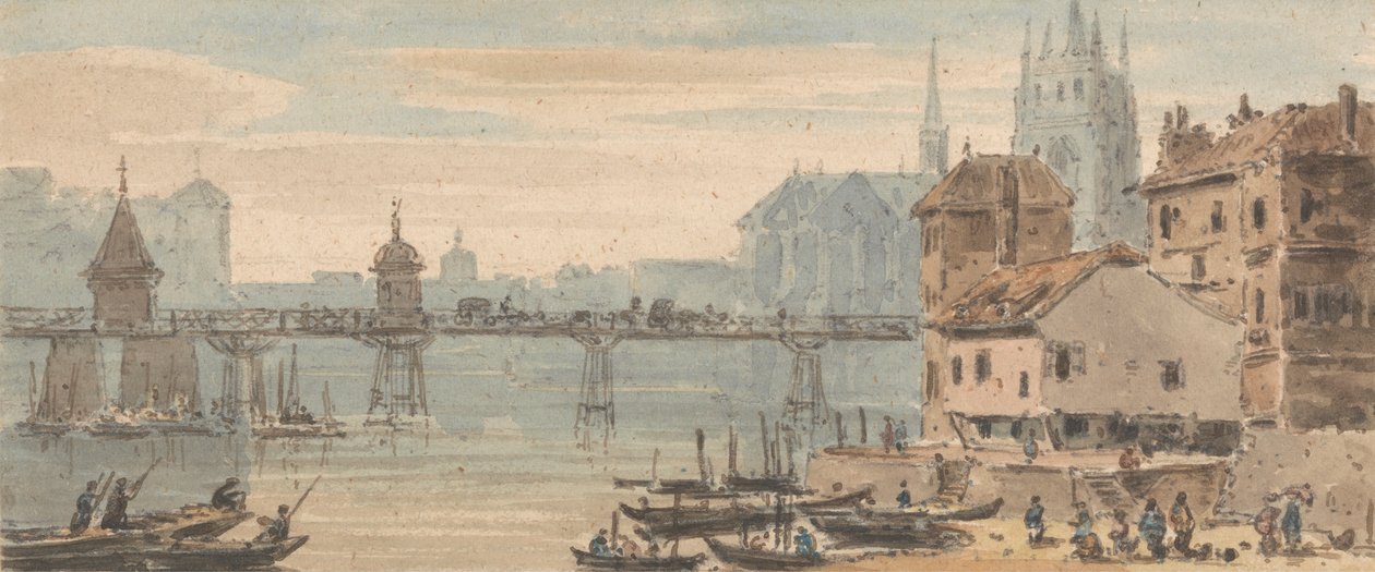 Basel, Bridge Center, Quayside, med figurer och frakträtt, med katedralen som reser sig bakom byggnader av John Henderson