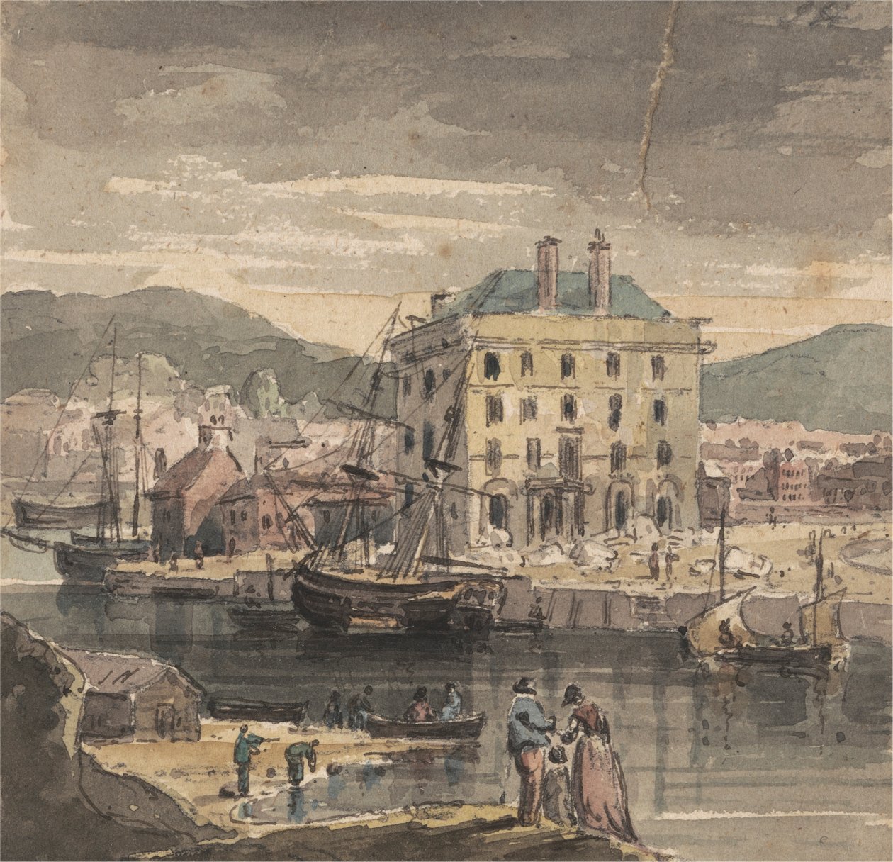 Weymouth: med figurer, frakt och utsikt över (?) Custom House av John Henderson