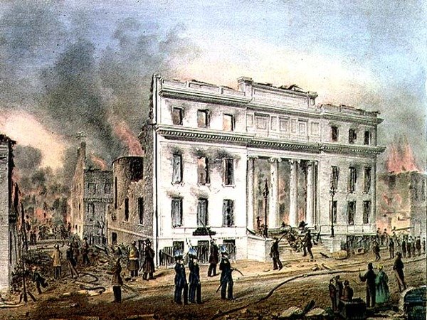Ruinerna av Merchants Exchange New York, graverade av Nathaniel Currier (1813-88) pub. av J. Disturnell och konstnären av John Henry (after) Bufford