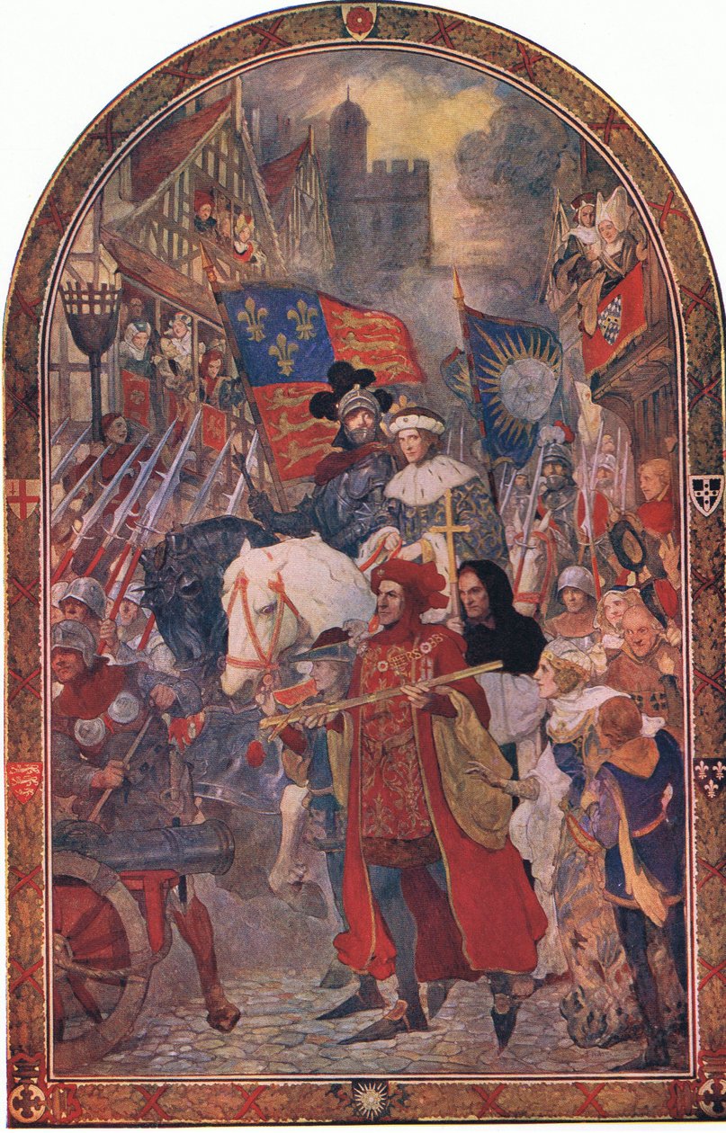 Henrik VI. Slaget vid Barnet 1471: De tränade orkestrarna marscherar till stöd för Edvard IV, från Cassells History of the British People, utgiven av Waverley Book Company Limited, ca 1940 (färglitografi). av John Henry Amshewitz