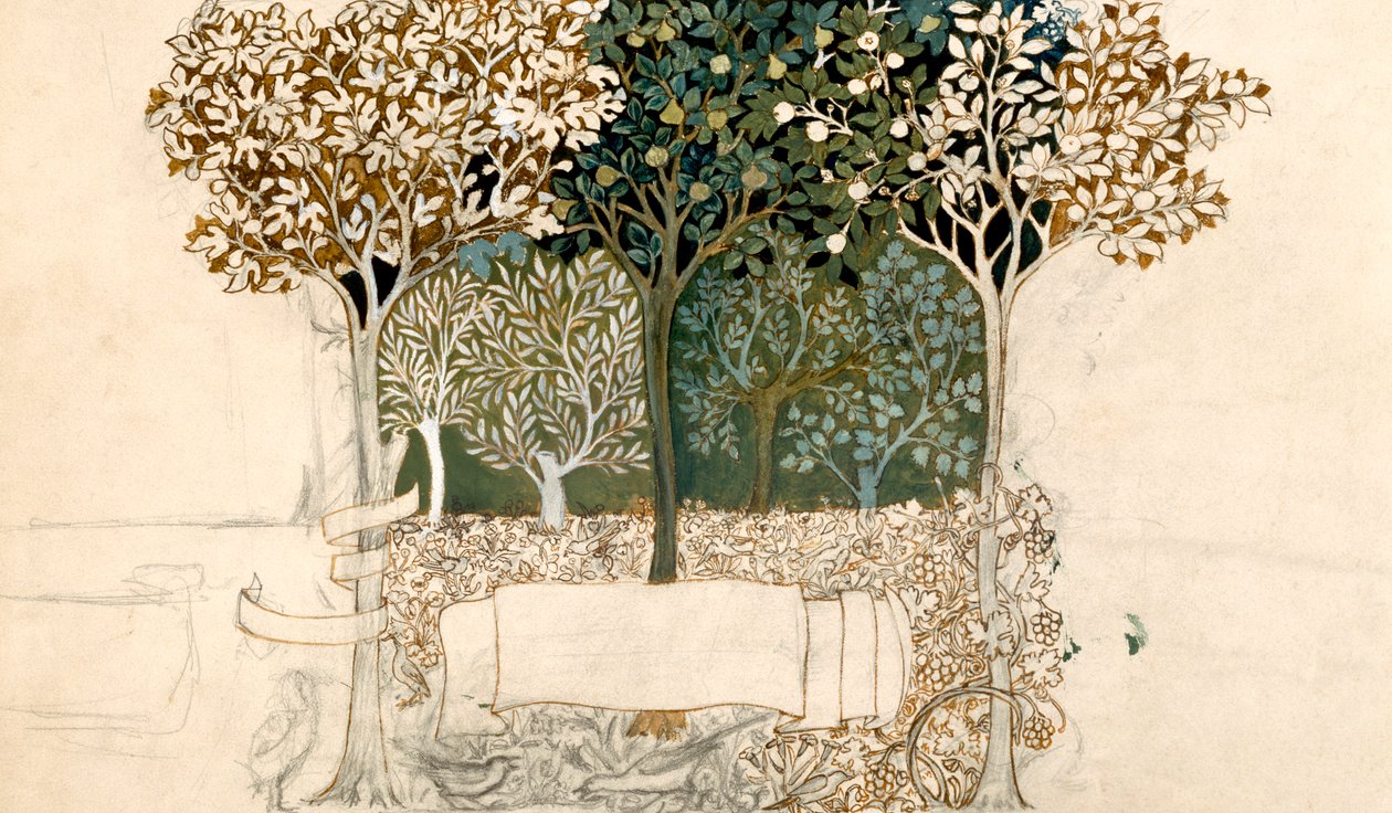 Träd i en fruktträdgård, gobelängdesign för Morris and Co. (penna, bläck och wc på papper) av John Henry Dearle