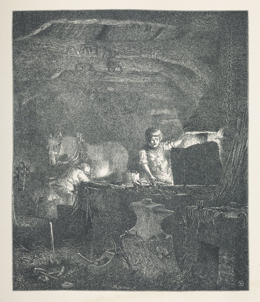 Tavla 13. En smed.  Naturbilder. En serie av trettio originalillustrationer tecknade på trä av J. H. Dell, och graverade av R. Paterson.  John Henry Dell av John Henry Dell
