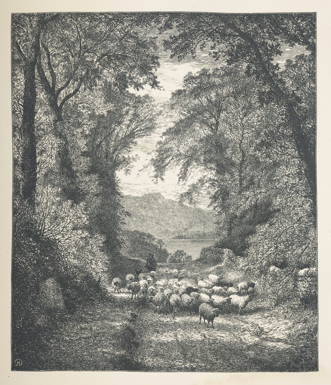 Plåt 4. Får som körs av en herde, längs en stig.  Naturbilder. En serie av trettio originalillustrationer tecknade på trä av J. H. Dell, och graverade av R. Paterson.  John Henry Dell av John Henry Dell