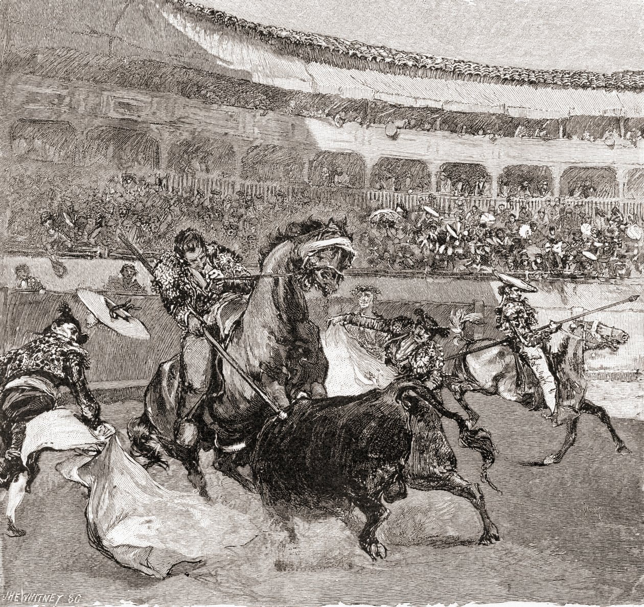 En tjurfäktning i Sevilla, Spanien, från The Century Illustrated Monthly Magazine, publicerad 1884 (trägravyr) av John Henry Ellsworth Whitney