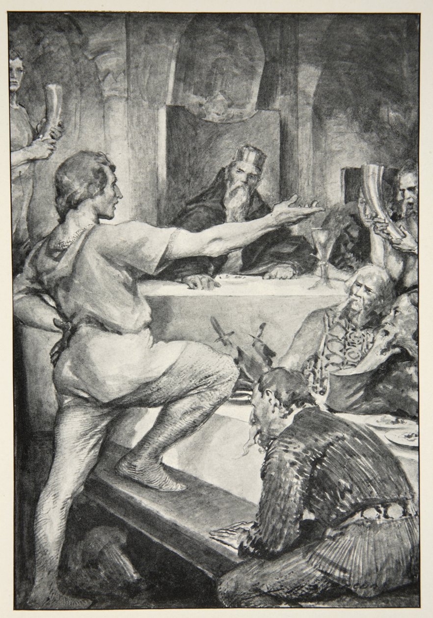 Beowulf svarar Hunferth högmodigt, från "Hero Myths and Legends of the British Race" av M.I. Ebbutt, 1910. av John Henry Frederick Bacon