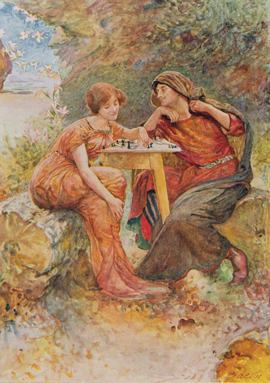 Ferdinand och Miranda i The Tempest från Childrens Stories från Shakespeare av Edith Nesbit (1858-1924) pub. av Raphael Tuck & Sons Ltd., London (bokillustration) av John Henry Frederick Bacon
