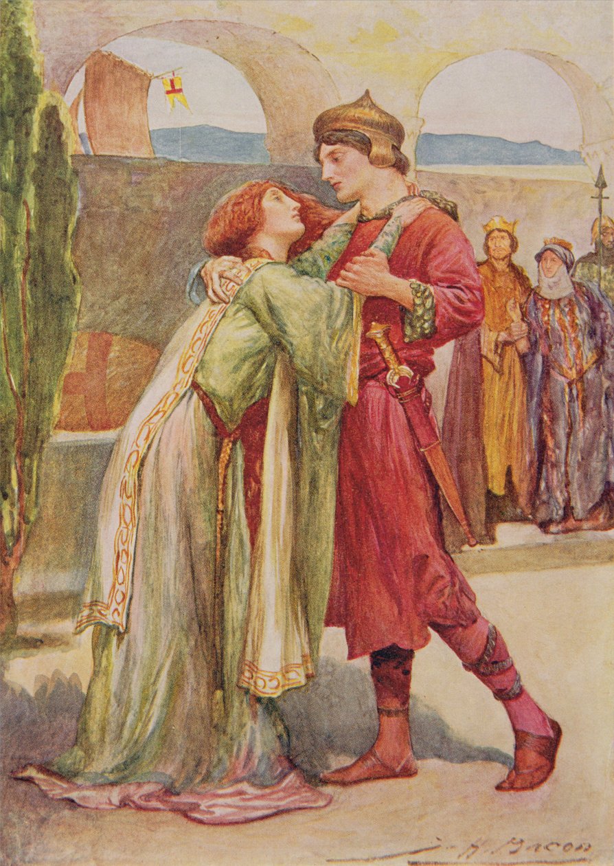 Posthumus och Imogen i Cymbeline från Childrens Stories från Shakespeare av Edith Nesbit (1858-1924) pub. av Raphael Tuck & Sons Ltd., London (bokillustration) av John Henry Frederick Bacon