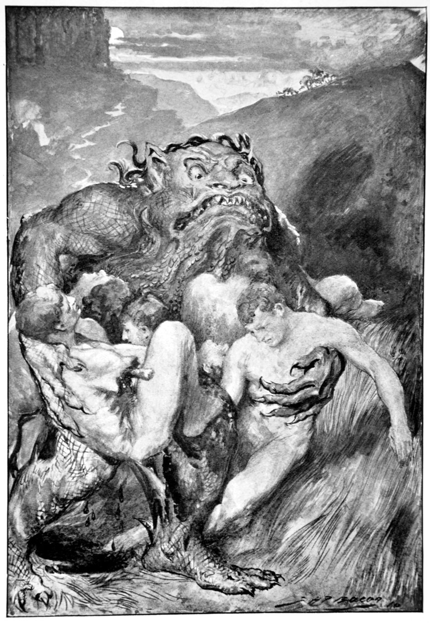 "Ondskans Daemon, med sitt häftiga glupska, grep girigt tag i dem", 1910. av John Henry Frederick Bacon