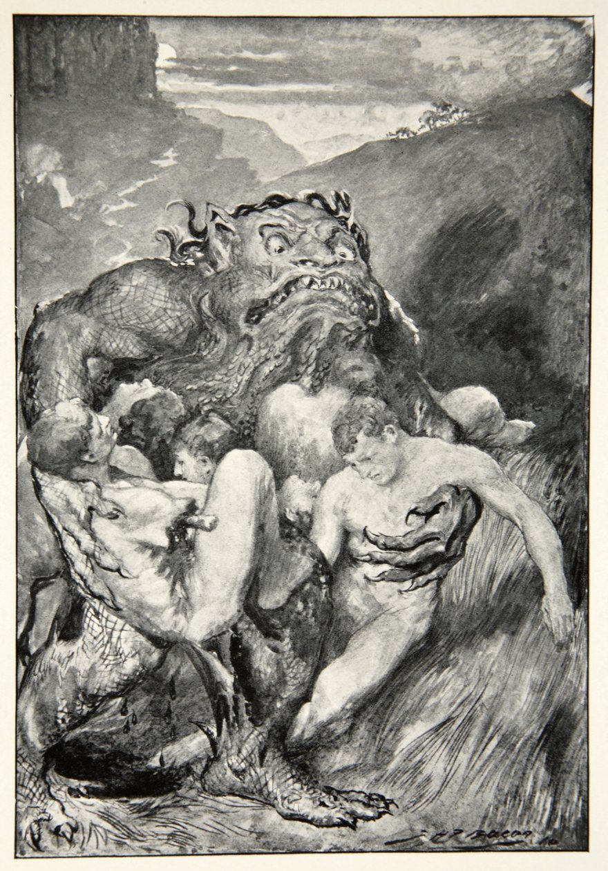 Ondskans Daemon, med sitt häftiga vresande, grep dem girigt, från "Hero Myths and Legends of the British Race" av M.I. Ebbutt, 1910 av John Henry Frederick Bacon