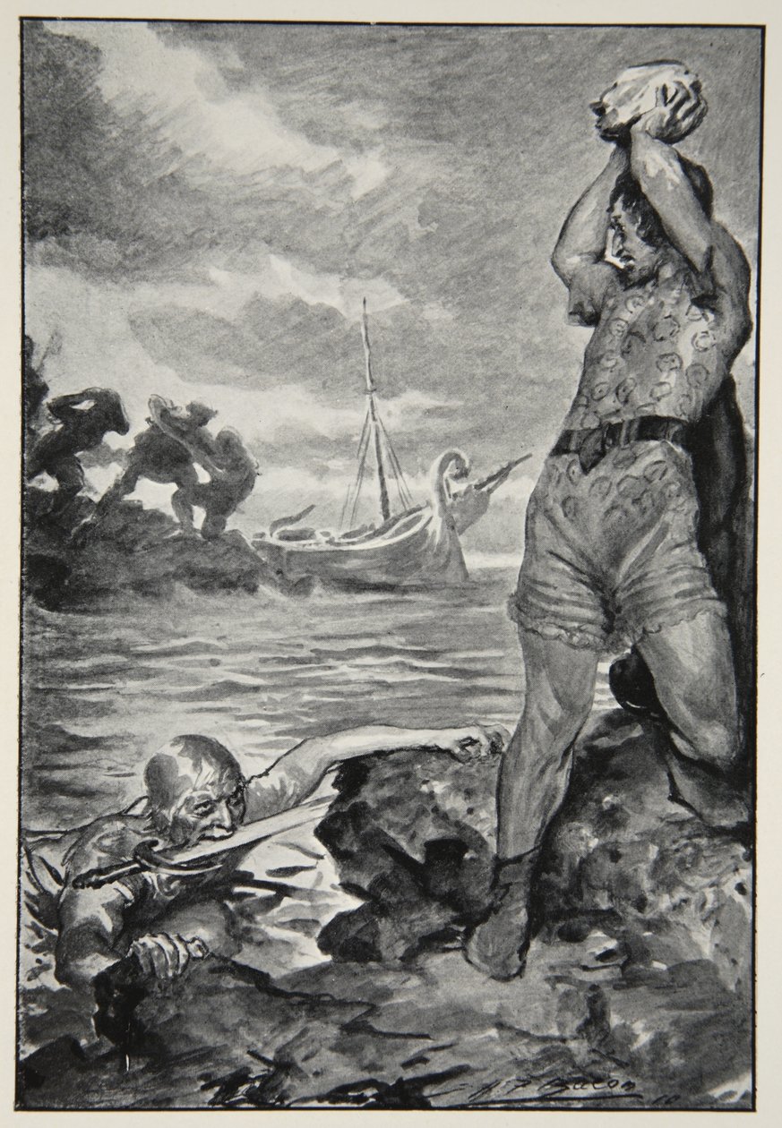 Thorbion lyfte den enorma stenen, från "Hero Myths and Legends of the British Race" av M.I. Ebbutt, 1910 av John Henry Frederick Bacon
